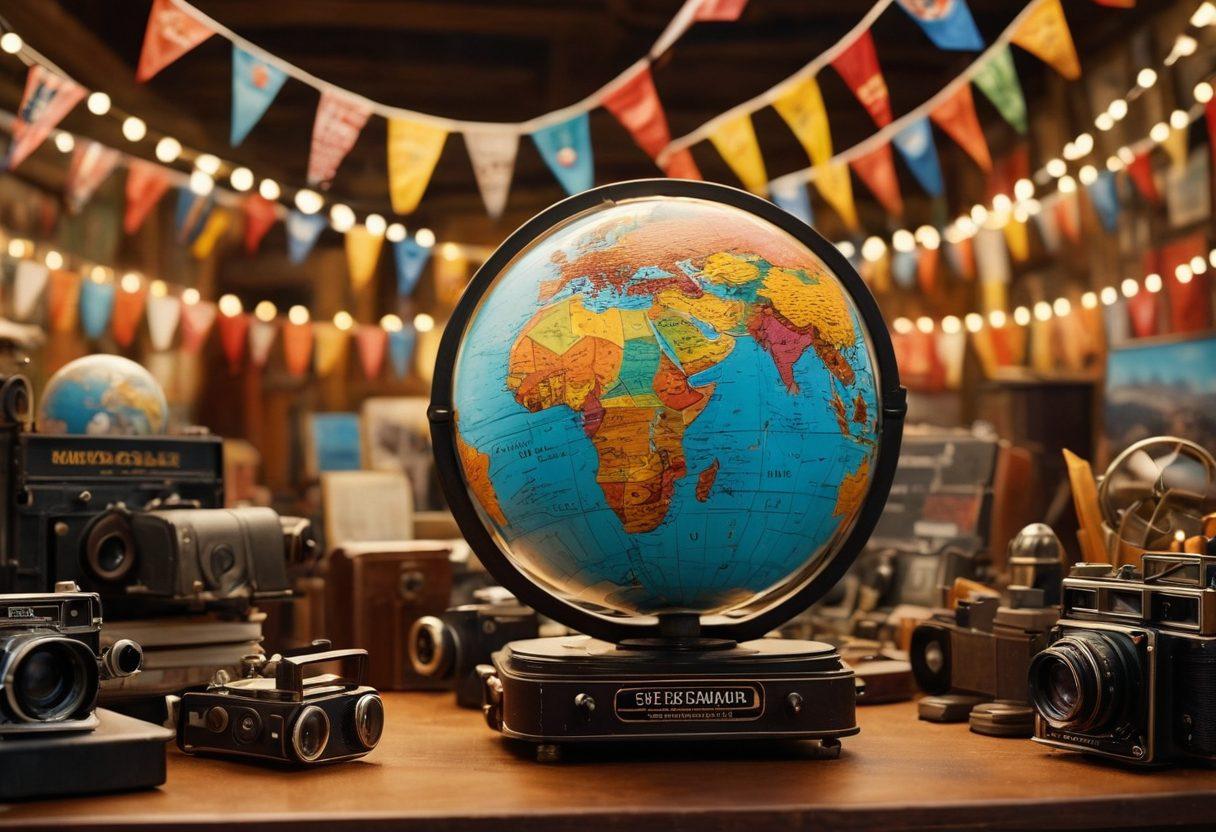 A cinematic landscape depicting diverse film sets from around the world, showcasing various cultures and styles of filmmaking. Include iconic film elements like cameras and clapperboards, intertwined with colorful flags of different nations. Above, a large glowing globe representing global cinema influence radiating light. Emphasize creativity and connection in the film industry. vibrant colors. super-realistic.