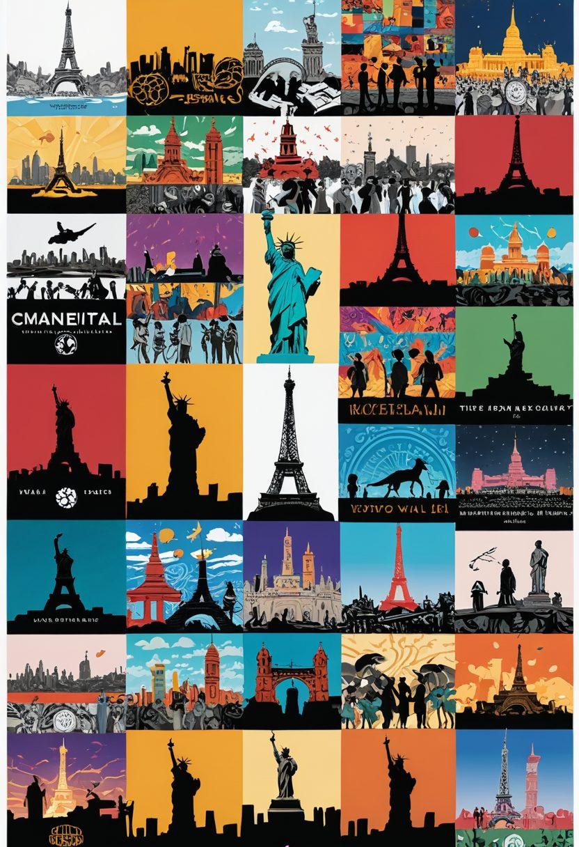 A vibrant collage of diverse film students engaged in collaborative projects, surrounded by film reels and cultural symbols from around the world. In the background, silhouettes of iconic monuments representing different cultures, with a glowing film screen displaying scenes of community engagement. The atmosphere is lively and colorful, symbolizing connection and creativity. super-realistic. vibrant colors. white background.