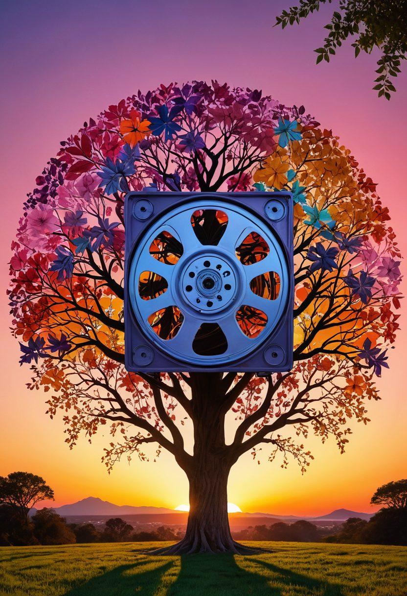 A dynamic film reel twisting into a vibrant tree of creativity, symbolizing growth in independent cinema. Surround it with diverse artists collaborating, showcasing various media such as painting, music, and digital art. The background features a colorful sunset that represents a new dawn for artistic expression. super-realistic. vibrant colors. 3D.